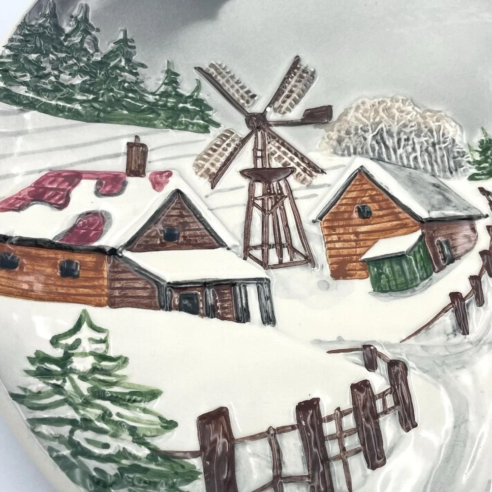 Vintage 1978 West Germany 3D Relief Winter Village‎ Windmill Wall Plate 9.25